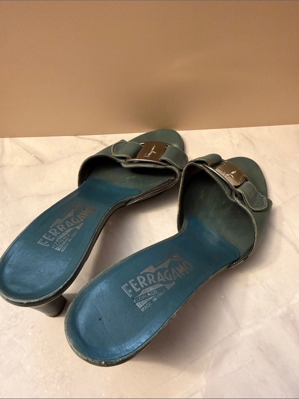 Salvatore Ferragamo Teal Leather Buckle Slide Mules - Picture 3 of 12